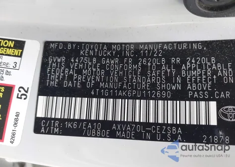 2023 Toyota Camry Se z USA, uszkodzony, nr VIN 4T1G11AK6PU112690